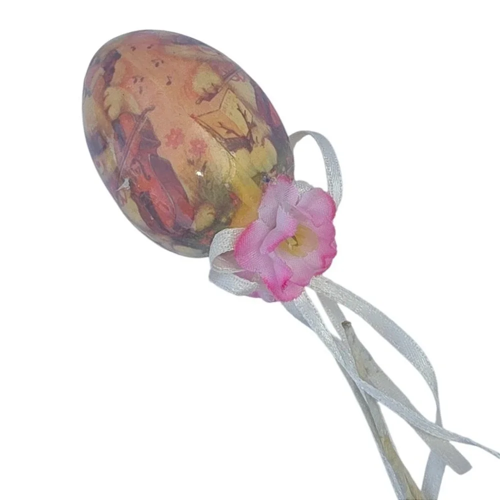 Vintage Style‎ Decoupage Easter Egg Ornament Bunny Rabbit Ribbon Floral Accent